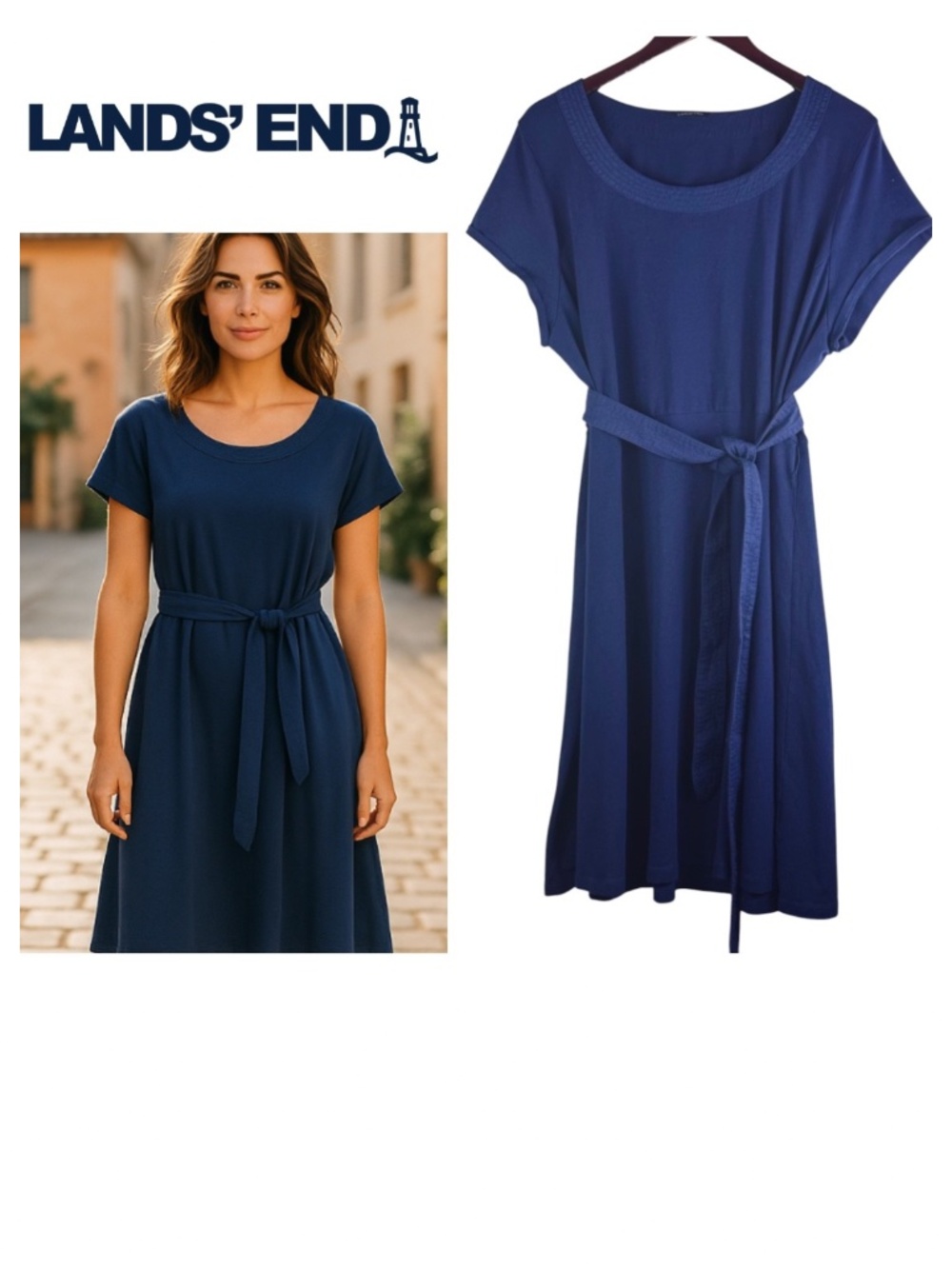 Lands End T-Shirt Dress 2X 18 20 XXL Navy Blue Belted Stretch Casual Coastal